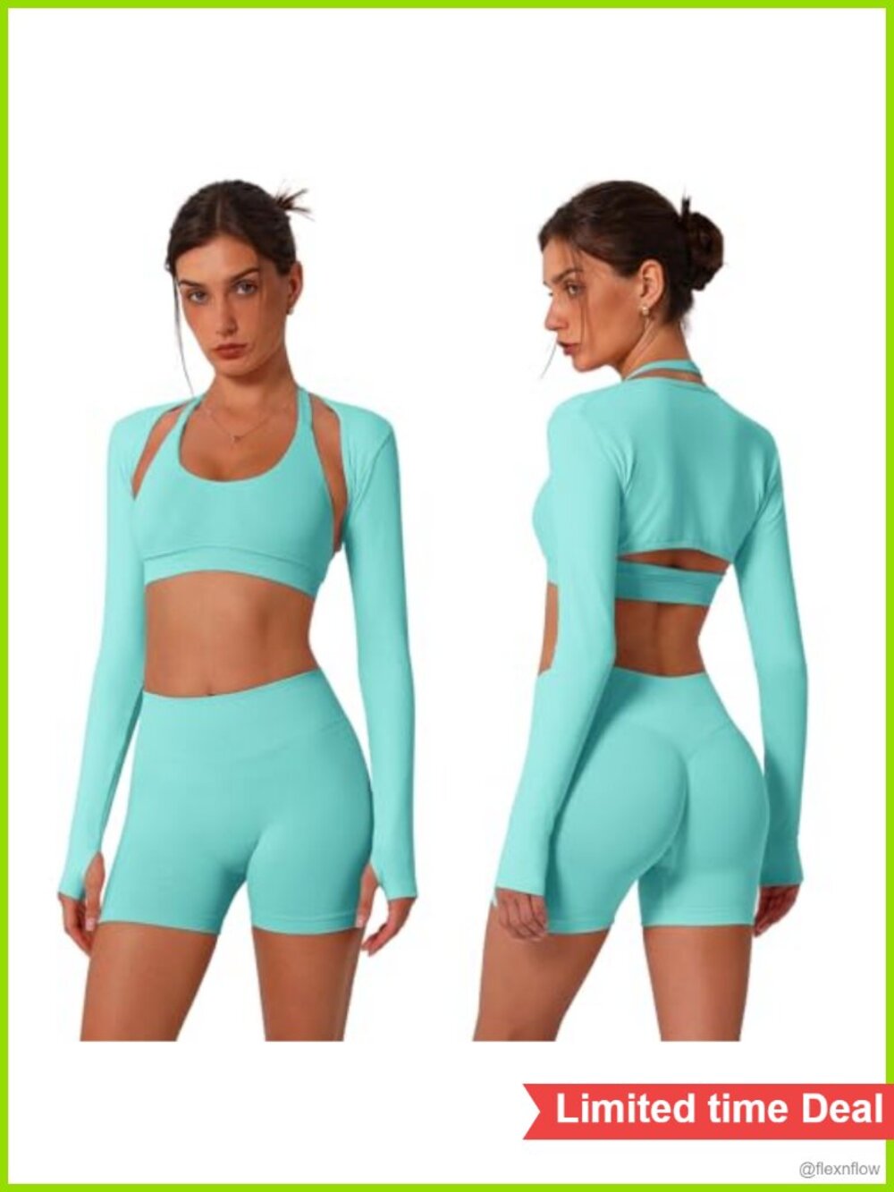 Seamless 3 Piece Workout Set Halter Sports Bra Biker Shorts Bolero Thumb Hole